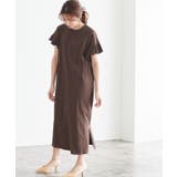 ブラウン | フリルロングワンピース フリル 袖コン スリット ロング 膝下 半袖 | Pierrot