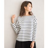 オフホワイト×ネイビー | 綿100％ボートネックカットソー ボートネック ボートネックTシャツ カットソ | Pierrot