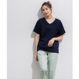 ネイビー | VネックシルケットコットンTシャツ Tシャツ カットソー | Pierrot