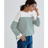 オフホワイト×グリーン | ボーダーチュニックルーズプルオーバー Tシャツ カットソー | Pierrot