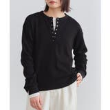 ブラック | 綿混ワッフルヘンリーネックカットソー ワッフル シンプル | Pierrot