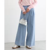 サックス | ベルト付きシャンブレーワイドパンツ 涼しげ コットン | Pierrot