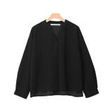 ブラック | ノーカラーデザインTブラウス ブラウス シャツ カットソー 長袖 ノーカラー | Pierrot