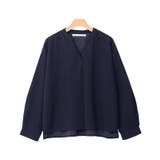 ネイビー | ノーカラーデザインTブラウス ブラウス シャツ カットソー 長袖 ノーカラー | Pierrot