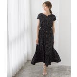 ドット/ブラック | ギャザー切替キーネックワンピース ワンピース ワンピ 花柄 ドット 総柄 半袖 | Pierrot