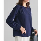 ネイビー | 裏微起毛キーネックボリュームスリーブブラウス ブラウス 裏起毛 | Pierrot