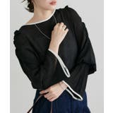 ブラック×アイボリー | 配色デザインシャーリングブラウス ブラウス サッカー素材 | Pierrot