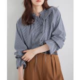 ストライプ/インディゴ | フリルカラーキャンディスリーブブラウス ブラウス キャンディスリーブ | Pierrot