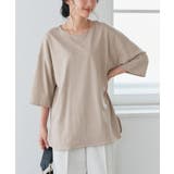 サンドベージュ | 綿100%ラウンドヘムチュニックTシャツ 大人 雰囲気 | Pierrot