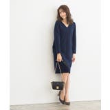 ネイビー | ポンチ素材長袖Vネックワンピース ワンピース ドロップショルダー Vネック | Pierrot