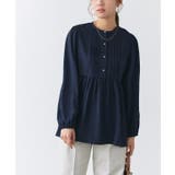 ネイビー | パールボタンピンタックペプラムブラウス ブラウス ウエストギャザー | Pierrot