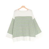 オフホワイト×グリーン | オーバーサイズボーダーニット ニット ボーダー | Pierrot
