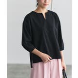 ブラック | ランタンスリーブキーネックTブラウス Tブラウス カットジョーゼット | Pierrot