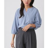 ブルー | ランタンスリーブキーネックTブラウス Tブラウス カットジョーゼット | Pierrot