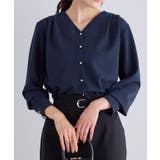ネイビー | ゴールドボタンVネックTブラウス ブラウス Vネック | Pierrot