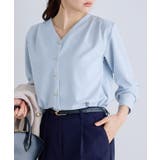 ライトブルー | ゴールドボタンVネックTブラウス ブラウス Vネック | Pierrot