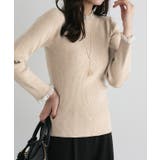 杢ベージュ×ホワイト | レース付クルーネックリブニット ニット セーター | Pierrot