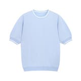 サックス×オフホワイト | ライン配色パフニット ニット 半袖 | Pierrot