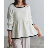 オフホワイト×ブラック | 配色ペプラムニット ニット ペプラム | Pierrot