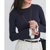 ネイビー×オフホワイト | バイカラーフレアスリーブリブニット ニット フレアスリーブ | Pierrot