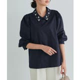 ネイビー | ビジュー襟ボリュームスリーブブラウス ブラウス ビジュー | Pierrot