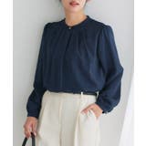 ネイビー | タックデザインドビーシフォンブラウス ドット 上品 | Pierrot