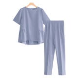 グレイッシュブルー(4/4頃) | フレア切り替え半袖セットアップ セットアップ フリル | Pierrot