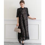 ブラック | 花柄ジャガードランタンスリーブAライン結婚式パーティードレス | PREFERIR