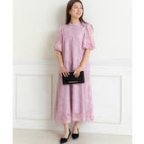 ピンク | 花柄ジャガードランタンスリーブAライン結婚式パーティードレス | PREFERIR