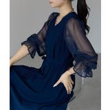 ネイビー | ボリュームシアースリーブAラインVネックドレス | PREFERIR