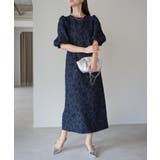 ネイビー | フクレジャガードバルーンスリーブドレス | PREFERIR