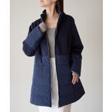 ネイビー | 中わた切り替えスタンドカラーAラインハーフコート | PREFERIR