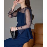 ネイビー | ドットチュール切り替えペプラムドレス | PREFERIR