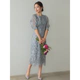 グレー | 刺繍レースバックリボン結婚式パーティードレス | PREFERIR