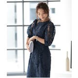 ネイビー | 刺繍レースバックリボン結婚式パーティードレス | PREFERIR