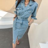 Blue | ベルトドッキングデニムワンピース テーラードカラー Vネッック | PREMIUM K