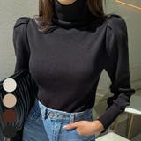 Black | シャーリングパフスリーブニット ハイネック タートルネック | PREMIUM K