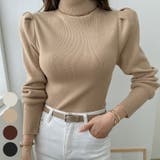 Beige | シャーリングパフスリーブニット ハイネック タートルネック | PREMIUM K