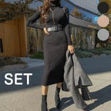 Black | ベルトセットニットロングワンピース タートルネック ハイネック | PREMIUM K