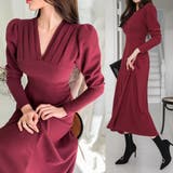 Wine | タックVネックロングワンピース パフスリーブ ハイウエスト | PREMIUM K