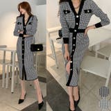 Black | ハウンドトゥースチェックニットワンピース セットアップ風 ロングワンピース | PREMIUM K