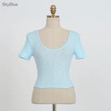 SkyBlue | スラブUネッククロップドTシャツ ワイドネック 半袖 | PREMIUM K