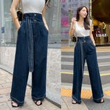ハイウエストステッチデニムパンツ ワイドパンツ ベルテッド[品番 ...