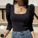 Black | スクエアネックシャーリングトップス パフスリーブ ワイドネック | PREMIUM K