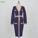 Navy | バイカラーパターンニットワンピース Vネック ハイウエスト | PREMIUM K