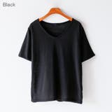 Black | リネンミックスVネックTシャツ ワイドネック デコルテ | PREMIUM K