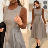 Brown | ヘリンボーンチェックワンピース Aライン サイドボタン | PREMIUM K