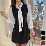 Black | バイカラーリボンワンピース パフスリーブ 重ね着風 | PREMIUM K
