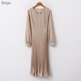 Beige | ゆるプリーツロングワンピース ハイウエスト Vネック | PREMIUM K