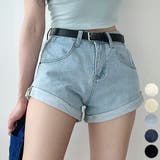 LightBlue | 5カラーロールアップデニム ショートパンツ ハイウエスト | PREMIUM K